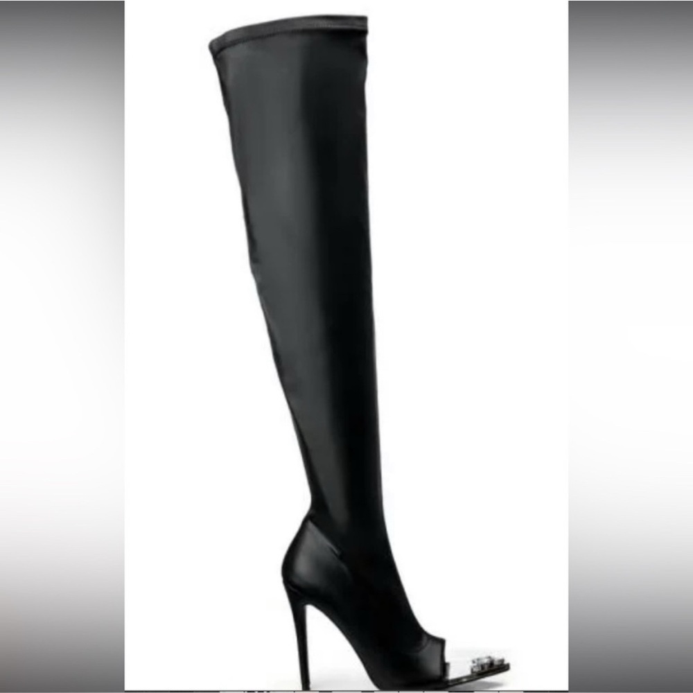 Azalea Wang “Clover” Over-the-Knee Peep-Toe Boots Size 9 Black - Picture 6 of 6